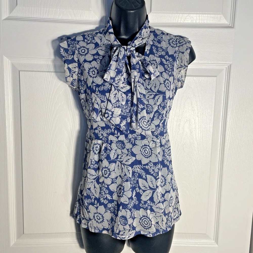 Vintage Y2K New York Co Floral Babydoll Women XS Blue Fairy‎ Tied Neck Fairycore